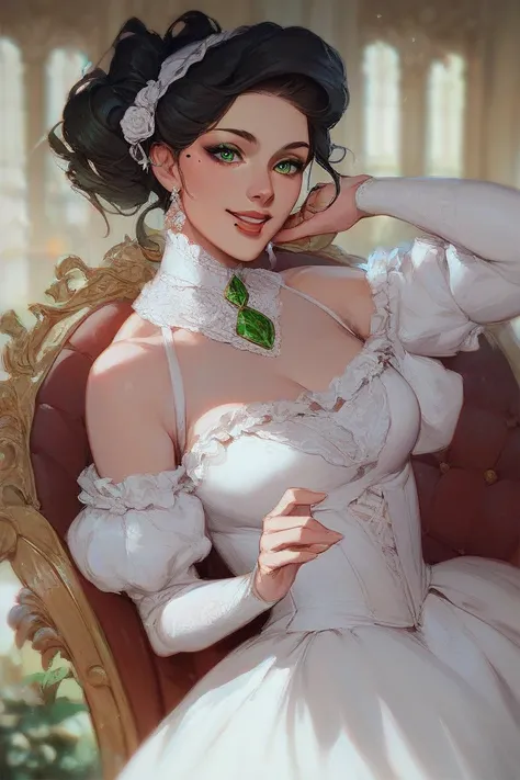 a white woman. emerald green eyes. black hair. beauty mark. victorian style. white dress. happy and confident look. 