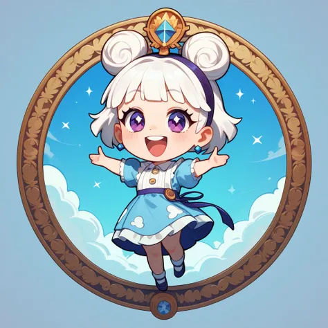  avatar of a chibi girl ,  ash white hair ,  purple eyes,  light blue dress with ruffles,  Masterpiece, high quality, kind eyes ,  looking at the spectator ,  full body,  Laughing out loud 