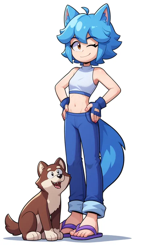 source_anime, anime, absurdres, solo, 1girl, full body, lora:PringleDingle_v2-15:1, Pringus Mcdingus Style, #pringus mcdingus, pringus mcdingus, pringusmcdingus
prngs, Blue hair, wolf ears, white crop top, blue pants, blue tail, purple fingerless gloves, p...