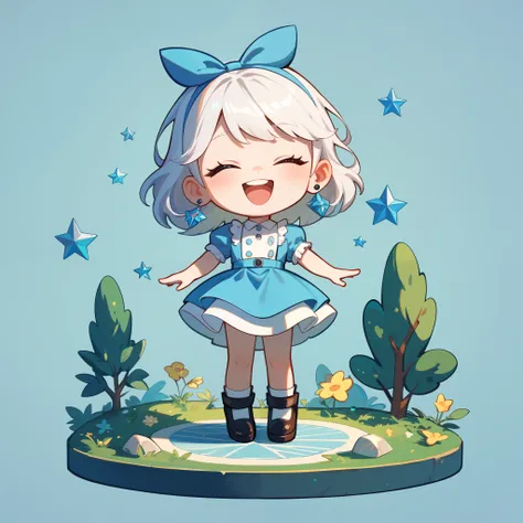  avatar of a chibi girl ,  ash white hair ,  eyes closed,  light blue dress with ruffles,  Masterpiece, high quality, kind eyes ,  full body,  Laughing out loud 