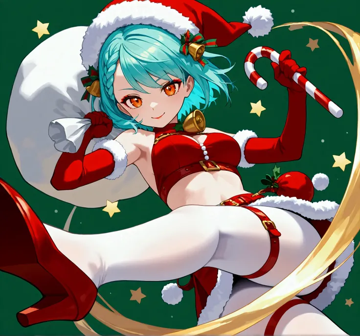 1girl, (solo:1.6), (best quality), 8k, masterpiece, aqua hair, short hair, braided bangs (hairstyle), BREAK, orange eyes, BREAK, detailed eyes, calm smile, BREAK, medium breasts, BREAK, (red lipstick), golden eyeshadow, BREAK, festive two-piece outfit feat...