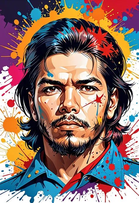 Vector Art, Che Guevara, ，Color illustrations, In the center, Vibrant colors, Paint splatters and stains, High Detail, 
