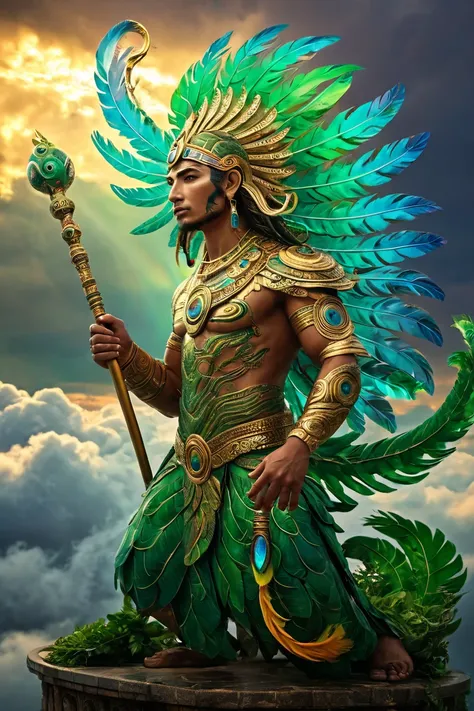 2. Quetzalcoatl (God of Wind, Wisdom, and Creation)
Main Object: A serpent-like anthropomorphic figure with iridescent feathers, holding a staff wrapped in vines, Action or Position: Sitting in a meditative pose on a swirling cloud, his staff glowing with ...