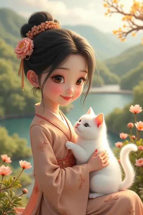 A cute girl from China with a white cat