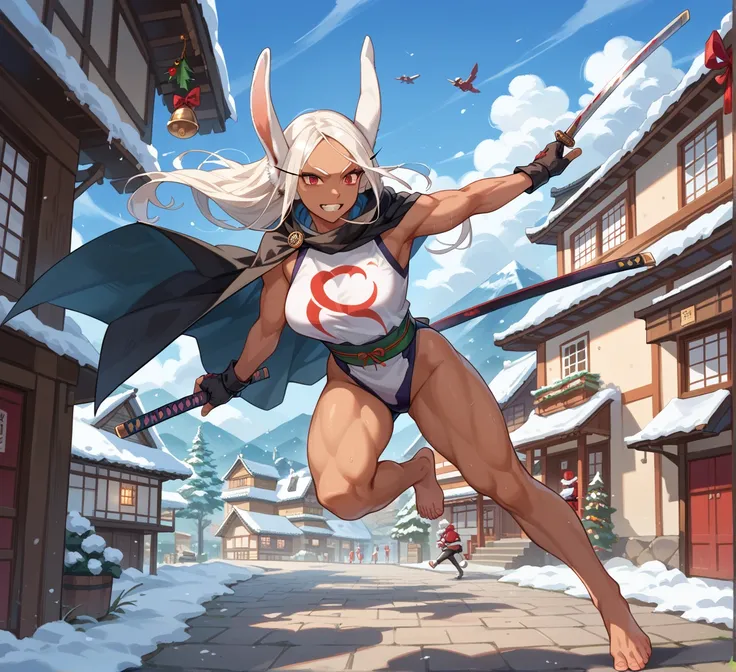 Mirko, dressed as a Ninja, with a Christmas style, has a black cape, barefoot, has a katana equipped, is running, is jumping on the roofs of the houses, is in a samurai-style Japanese village,