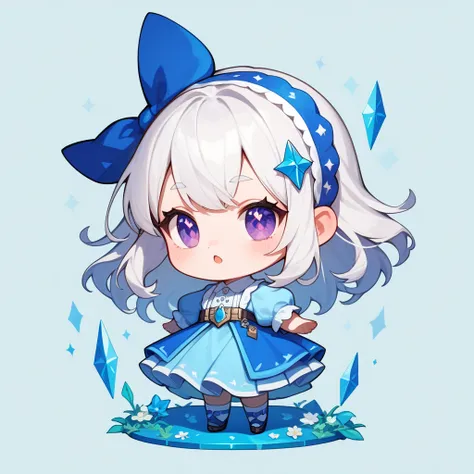  avatar of a chibi girl ,  ash white hair ,  purple eyes,  light blue dress with ruffles,  Masterpiece, high quality, kind eyes ,  looking at the spectator ,  full body, Frightened chills