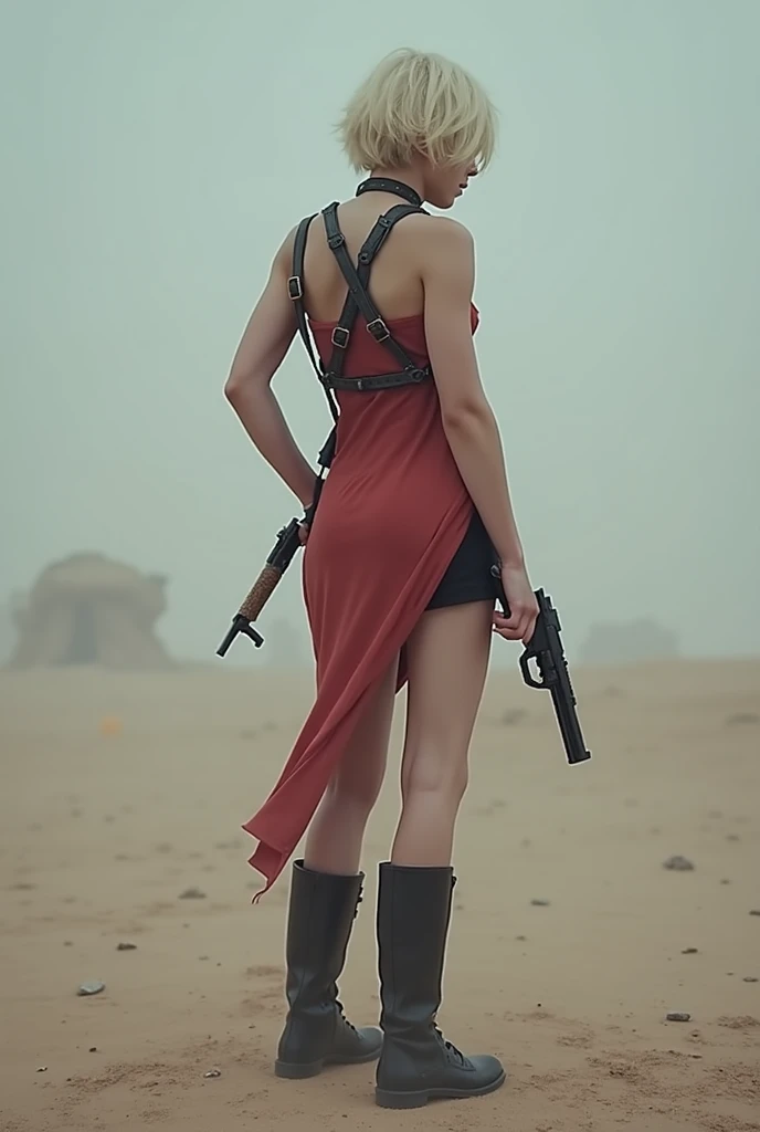 Realistic image from behind behind girl in the desert you cant see her face blonde short hair long red dress sleeveless black shorts long black boots with gun harness gun in her hand film filter 