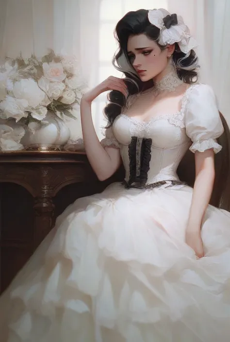 a white woman. black and white dyed hair. victorian white dress. sad look. beauty mark.