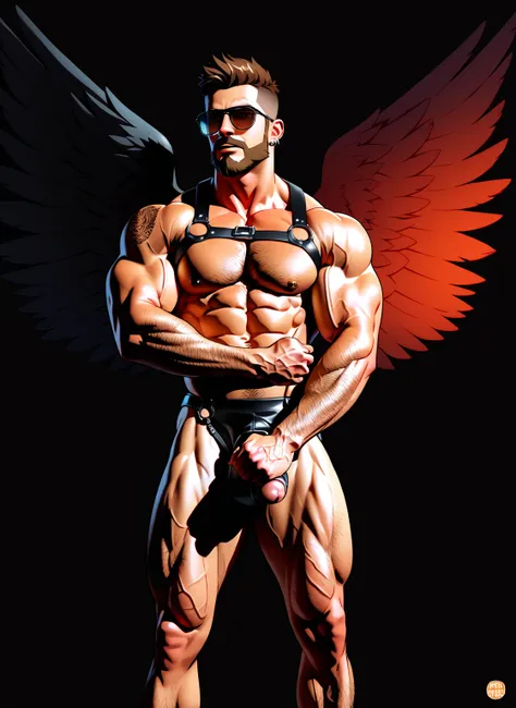 a bearded tattooed muscle cowboy with  angel black wings  posing naked, Not suitable for work,  muscular man,  perfect anatomy ,  balanced anatomy ,  hairy,  big breast, BDSM costume , cowboy hat, Sunglasses,  big penis, black harness , elegant, obscene ex...