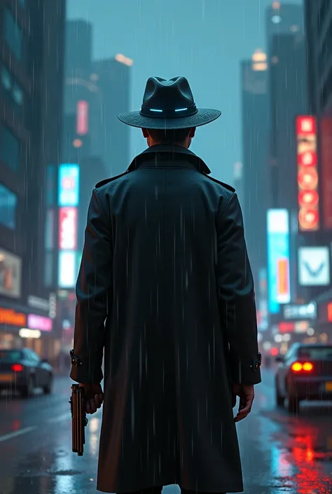 man, detective, homem com roupas de detective, homem com hat, hat,  futuristic blue lines on his head, chip in the head, neural implant ,  man holding pistol ,  modern pistol , rain,  man looking at the city 