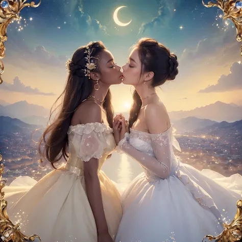 (masterpiece, highest quality, official art, beauty and aesthetic:1.5), (perfect anatomy), two gorgeous and stunning dark-skinned or pale-skinned young girls are deeply in love with each other, soulmate, kiss, perfect make-up, romantic atmosphere, flower a...