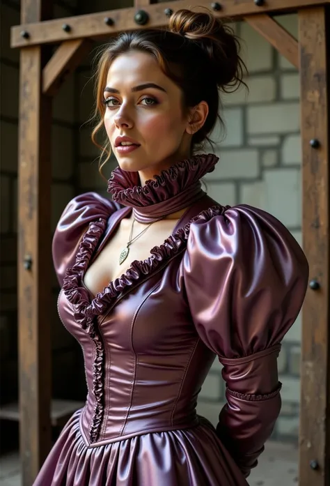 (realistic photograph close up sideways victorian) (a big bust slender waist pleased beautiful orgasm hot looking lady with (messy hair bun)), (she is wearing (an exaggerated elaborate shiny lila silk high neck dress with (extremely big puff sleeves), (and...