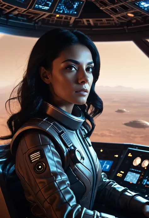 a beautiful woman with black hair piloting a spaceship, detailed cinematic view with the planet Mars in the background, (best quality,4k,8k,highres,masterpiece:1.2),ultra-detailed,(realistic,photorealistic,photo-realistic:1.37),cinematic lighting, dramatic...