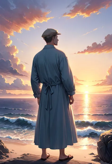   Create for me an image of a man watching the sea horizon, Fishermans dress with a beautiful sunset   