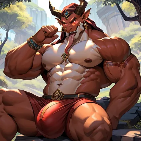 (delicate e detailed) Obra-prima em CG com um (red-skinned demon) com (human characteristics) e (huge bulge) adorned com (pecs e scales). ele tem (horns e earrings) para mostrar seu (powerful e dominant) natureza. The character is holding his bulge com (ma...