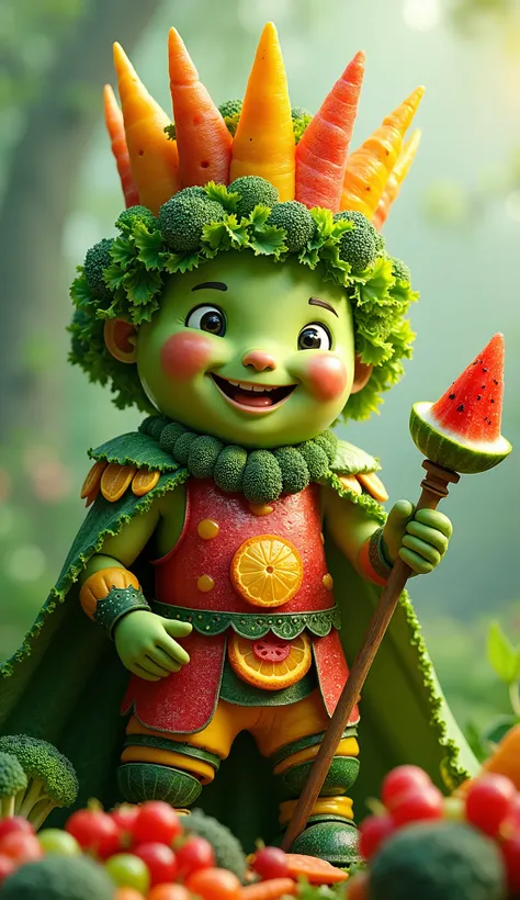 A vibrant and lively depiction of a young King Vegetable, exuding a playful and like energy. The king wears colorful armor crafted from a variety of fruits like oranges, grapes, and watermelon slices, giving a cheerful and organic appearance. A crown made ...