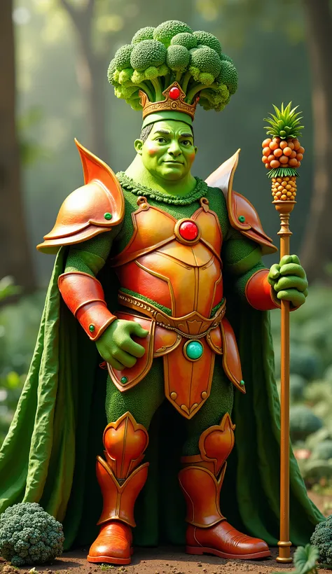 Prompt 2:
A highly detailed 3D-rendered King Vegetable in a fantasy setting. His armor is made of gleaming, textured fruits: shiny apple plates, polished grape clusters, and a pineapple design on his chest. His lettuce crown has intricate curls, almost glo...