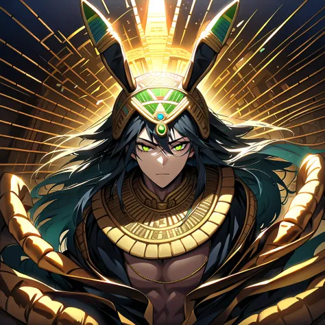 Anime man, very long fluffy black hair, green bangs, Egyptian, Brown skin, gold, gold necklace, Bunny costume, sexy, pretty lighting, dynamic pose, detailed, ((man)), half body, epic, beautiful, detailed face, highres, ultra detailed, (((bright colours, A ...