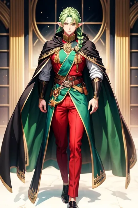  Beautiful male anime style elf , green hair, tall and muscular,  dressed in a black royal cape, long hair and has a braid  , He is dressed in royal clothes 