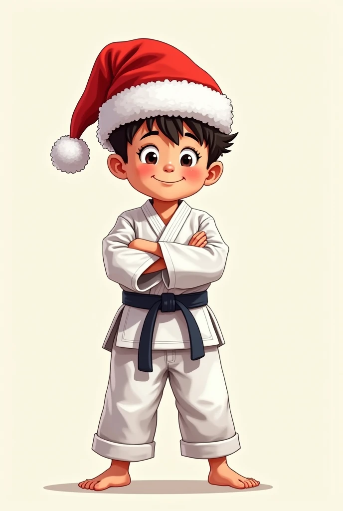 Boy in judo kimono arms crossed standing wearing bottomless cartoon style Christmas hat