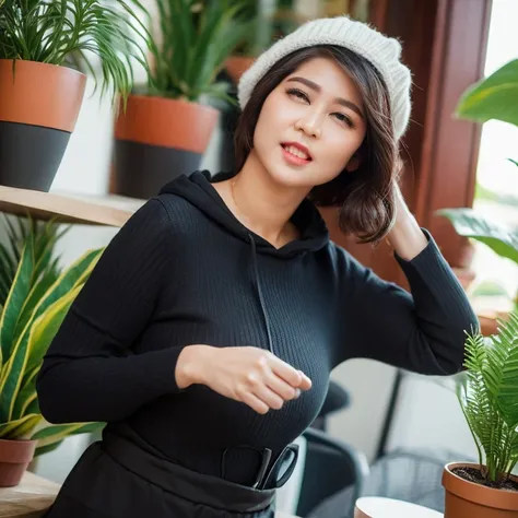 ((((Bbw)))) a woman in a outfit is talking on a cell phone, hat, outdoors, hood, bag, plant, potted plant