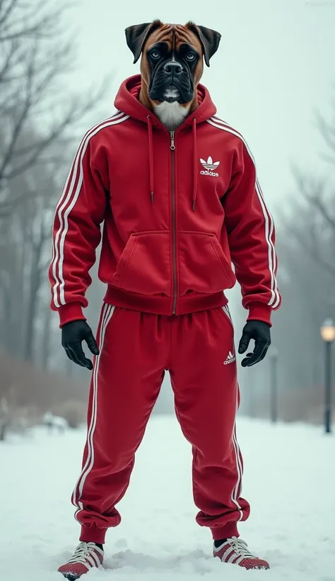 A boxer dog , with human body,  wearing a red Adidas tracksuit.  On a cold winter day 