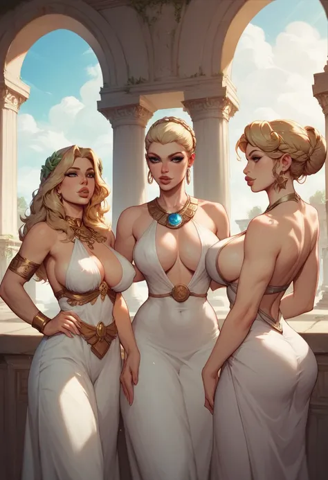 Goddesses, 3 women, Greek mythology, Greek architecture, big hard breasts, white clothes, morning, big lips, look of desire. black brown or blonde hair