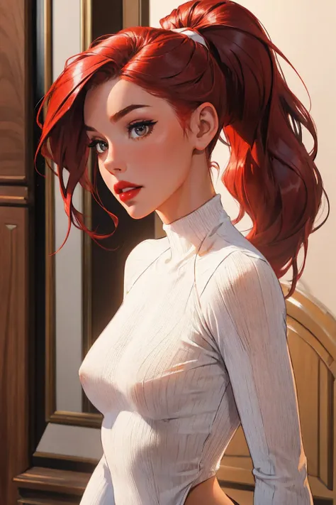 1girl,a beautiful fashion model ,(masterpiece, detailed background, best quality),shiny hair, red hair,smirk,juicy lips,red lips, athletic body, art style of j scott campbell, , stripping, elegant makeup, exhibitionism, tight white sweater and black leggin...