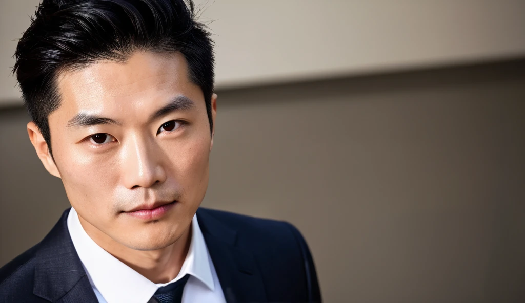 A bright closeup photo of a Korean-American man in his late 30s, with sharp angular features, jet-black neatly styled hair, and almond-shaped dark brown eyes. He is wearing an impeccably tailored suit in a modern business style. In front of a plain solid b...