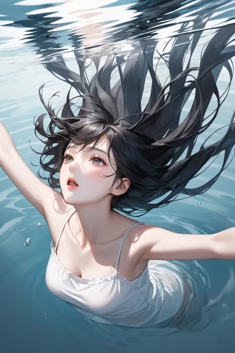 Ultra-realism

drowning woman
floating on the water surface
The mouth is open
black hair
white long length camisole
slender body
top view