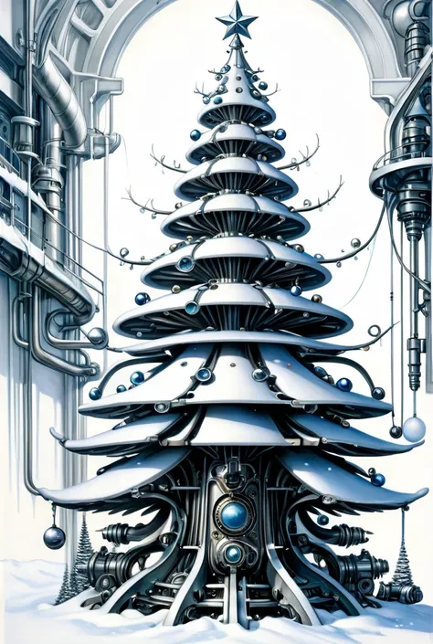 drawing  of  the  Christmas  tree,
mechanical  engineering art,
on a white background,
ювелирный эскиз,
by Greg Simkins, 
концепт арт,
by Giger,
opal