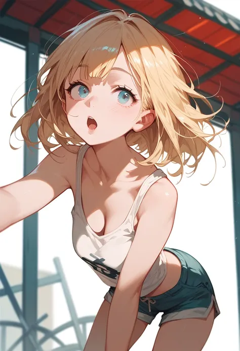  Japanese， pretty girl，Blonde Bob Hair，Hanging eyes，Open neck tank top， Shorts 