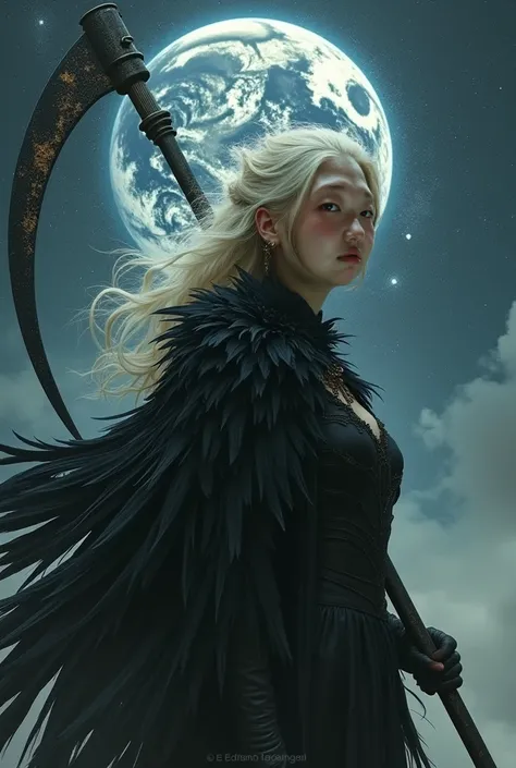   A picture of an adult woman in a Reaper costume  。   she has a scythe bigger than the multiverse compared to Earth。   Shes just a grain of sand for the Earth   。   She has platinum blonde hair   。  She has black feathers on her back  、 a sad and loving s...