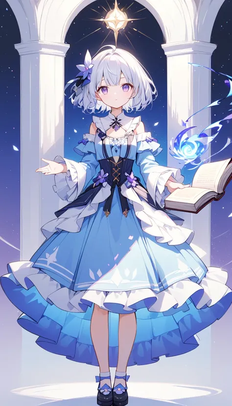 avatar of a girl , short ash white hair, violet eyes,  light blue dress with ruffles,  Masterpiece, high quality, friendly,  looking at the spectator ,  full body, Be special, with a magic book 