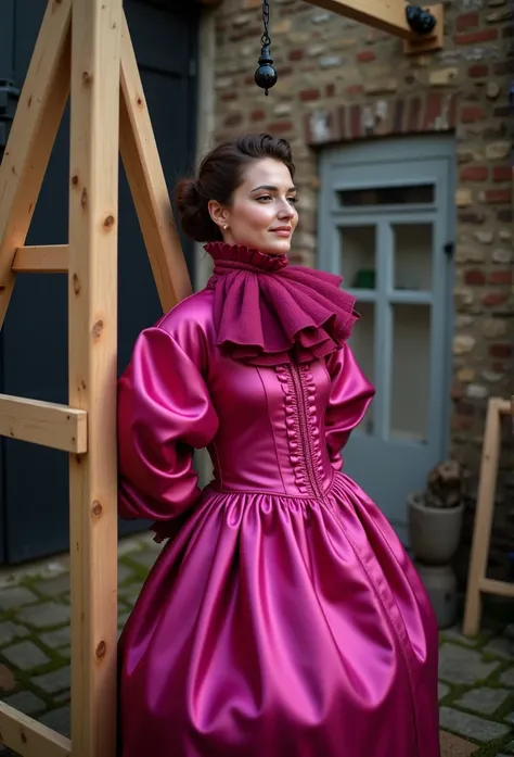 (realistic photograph close up sideways victorian cheerful) (a big bust slender waist pleased beautiful orgasm sexy looking lady with (messy hair bun)), (she is wearing (an exaggerated elaborate shiny fuchsia silk high neck dress with (extremely big puff s...