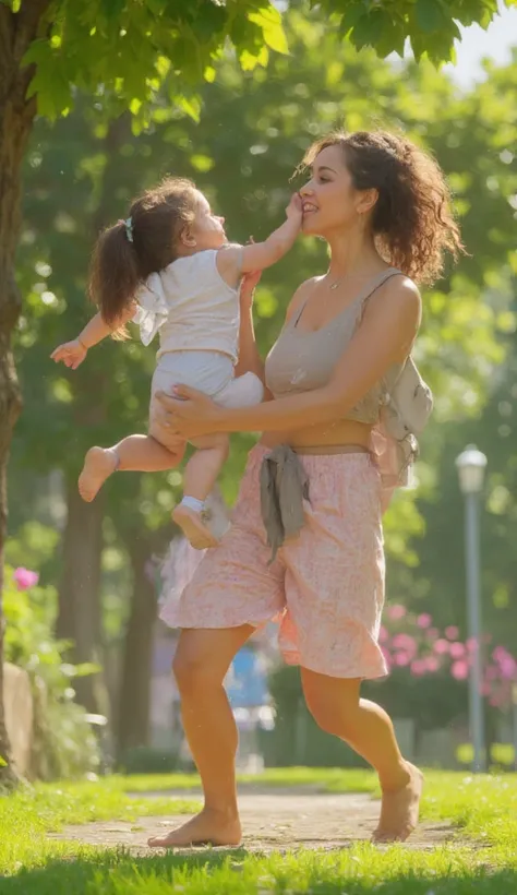 (( best quality )), ((Art work)), (detailed), a 21-year-old mother with her  daughter, playing in a park,  sunny day , welcoming environment,  volumetric lighting ,  dynamic shadow 