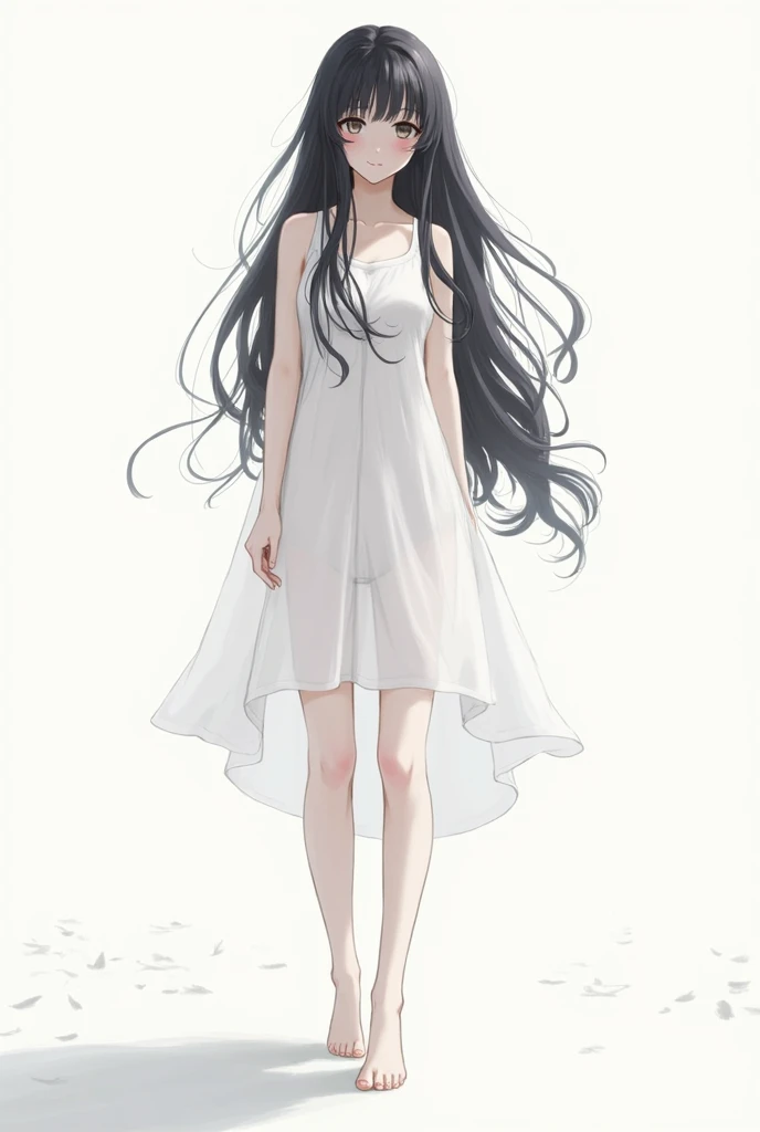 1girl, solo, looking at viewer, simple background, black hair, barefoot, white dress, see-through