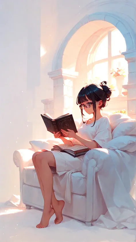 A girl with black hair and glasses reading a book in front of a fireplace