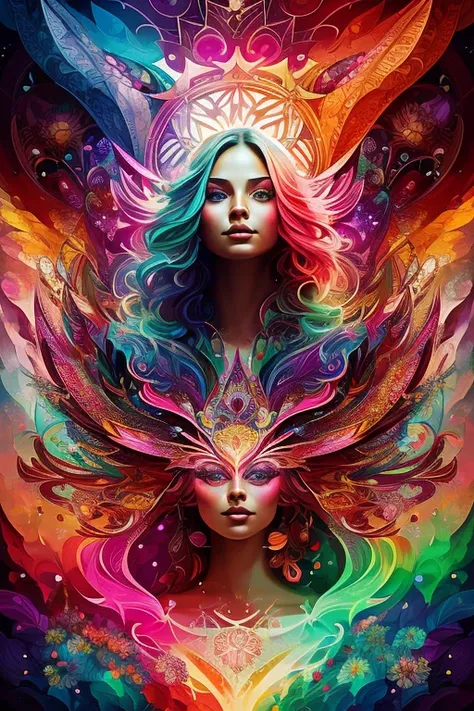  This picture shows a beautiful ,  young woman with glowing skin ,  surrounded by a kaleidoscope of colors and intricate details, against a deep ,  crimson background ,  and conjures up a mystical ,  abstract world with a hyper-realistic style ,  that is r...