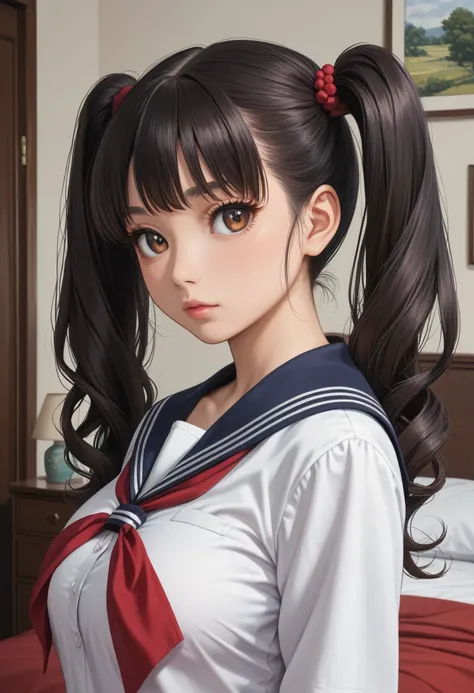 anime artwork, score_9, score_8_up, score_7_up, score_6_up, score_5_up, solo, perfect eyes, detailed eyes, beautiful female, detailed face, dynamics lines, 20 year old, perfect beautiful face, long eyelashes, sharp eyes pupils, (bedroom:1.3), (upper body:1...