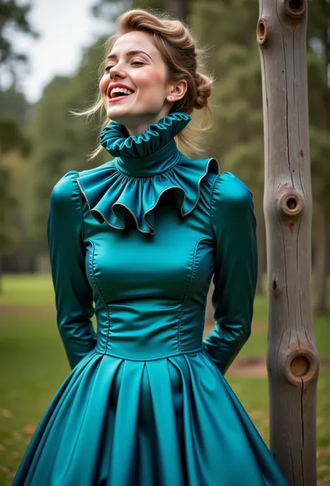 (realistic photograph close up sideways victorian cheerful) (a big bust slender waist pleased beautiful sexy looking model having an orgasm with (messy hair bun)), (she is wearing (an exaggerated elaborate shiny azure silk high neck dress with (extremely b...