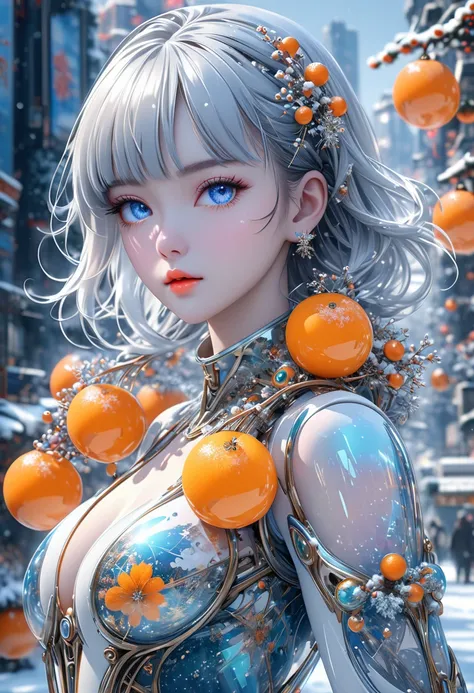  Mysterious translucent mechanical girl，Futuristic girl , Mechanical joints， The background of the citys winter future ,  snow , model shooting style, (Highly detailed CG Unity 8 k wallpaper),  the beauty of abstract stylization ,，Surrealism, 8 k, super de...