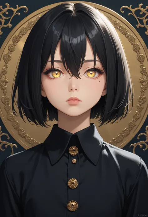 anime artwork, score_9, score_8_up, score_7_up, score_6_up, score_5_up,1girl, black hair, bob cut, hair between eyes, mole under eye, yellow eyes, ringed eyes, shirt collar, black dress, long sleeves, solo, perfect eyes, detailed eyes, beautiful female, de...