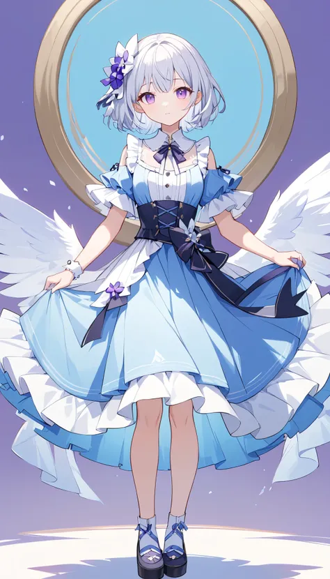 avatar of a girl , short ash white hair, violet eyes,  light blue dress with ruffles,  Masterpiece, high quality, friendly,  looking at the spectator ,  full body,  hands on the waist