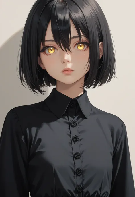 anime artwork, score_9, score_8_up, score_7_up, score_6_up, score_5_up,1girl, black hair, bob cut, hair between eyes, mole under eye, yellow eyes, ringed eyes, shirt collar, black dress, long sleeves, solo, perfect eyes, detailed eyes, beautiful female, de...