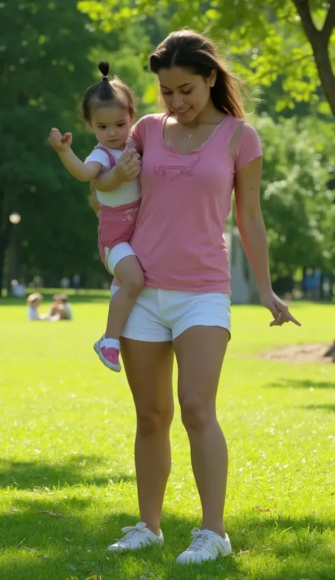 (( best quality )), ((Art work)), (detailed), a 21-year-old mother  (casual clothes),  with her  daughter, playing in a park,  sunny day , welcoming environment,  volumetric lighting ,  dynamic shadow 