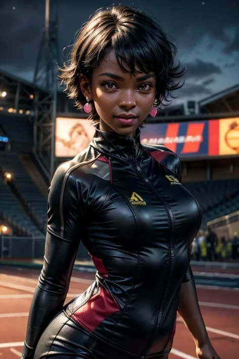 OliveHarper, 1girl, solo,l, short hair, black hair, jewelry, medium breasts, yellow eyes, earrings, t-shirt, tracksuit, dark skin, dark-skinned female, smile, running outdoors on track, sport stadium, spectators, crowd, night, stars, masterpiece, heart sha...