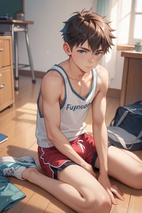 Sit on the floor wearing loose shorts and tank tops in the room、A male junior high school student who is a little bit relaxed and his dick is in full view through the gap in his shorts