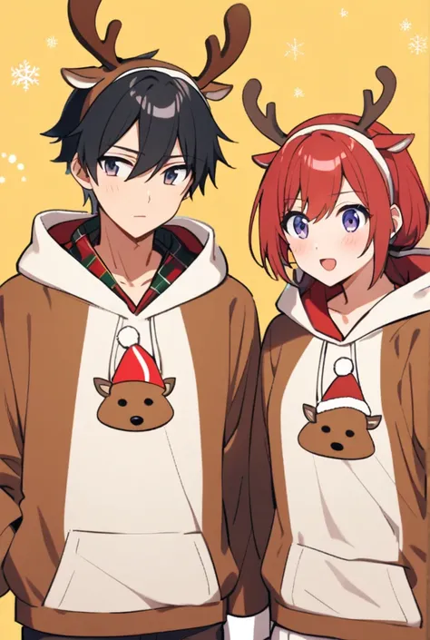 A teenage anime couple, one with red hair , with reindeer costume  , a boy with black hair , With Christmas clothes, half of the body 