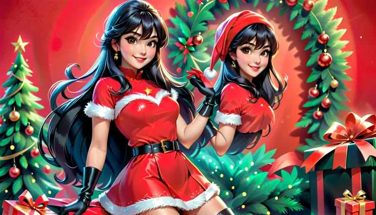 Best quality, acrylic illustration in realistic style, a beautiful woman, 35 years-old,  with black straight long hair and bangs, make up, lashes, smiling, she is wearing santa claus red mini dress, belt, red leather gloves, brown tights, over-the-knees bl...